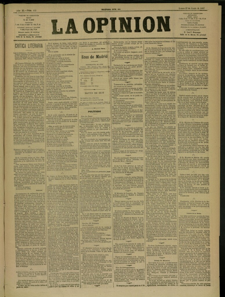 Miniatura de La Opinión del 27 de junio de 1887, nº 412
