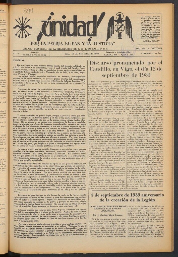 Miniatura de ¡Unidad! : órgano quincenal de la delegación de F.E.T. de las J.O.N.S. del 15 de noviembre de 1939