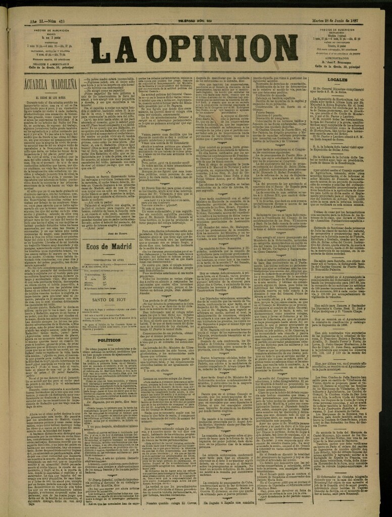 Miniatura de La Opinión del 28 de junio de 1887, nº 413