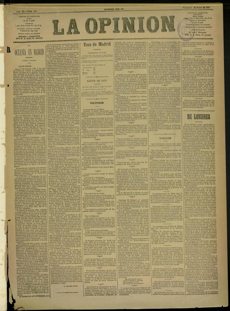 Miniatura de La Opinión del 1 de julio de 1887, nº 415