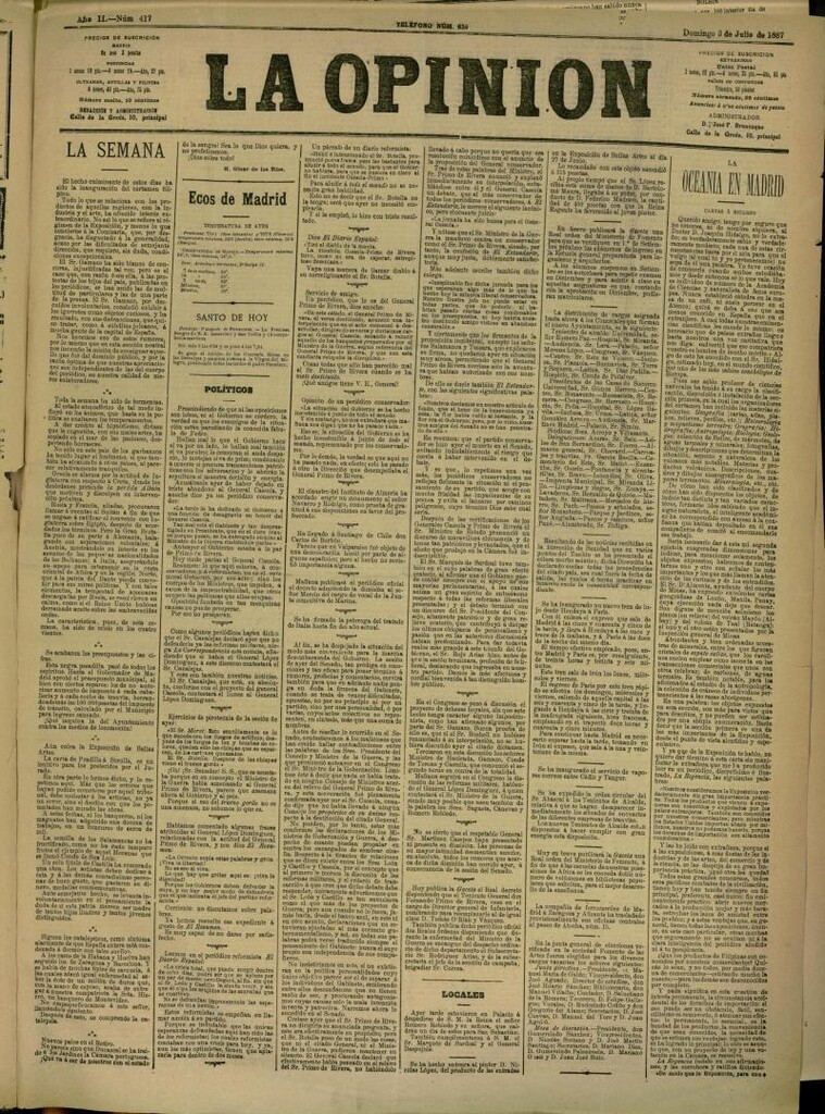 Miniatura de La Opinión del 3 de julio de 1887, nº 417