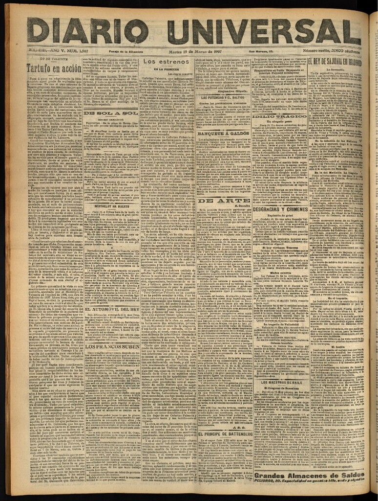 Miniatura de Diario Universal del 19 de marzo de 1907, edición de noche