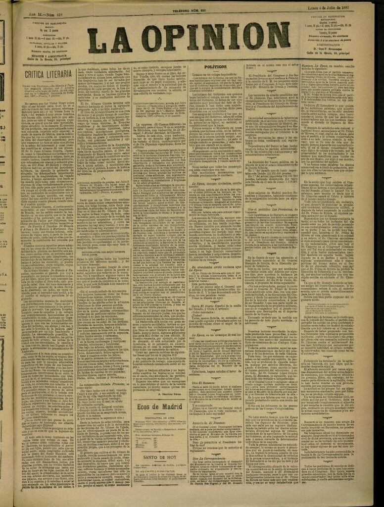 Miniatura de La Opinión del 4 de julio de 1887, nº 418