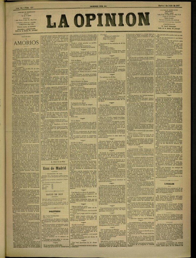 Miniatura de La Opinión del 5 de julio de 1887, nº 419