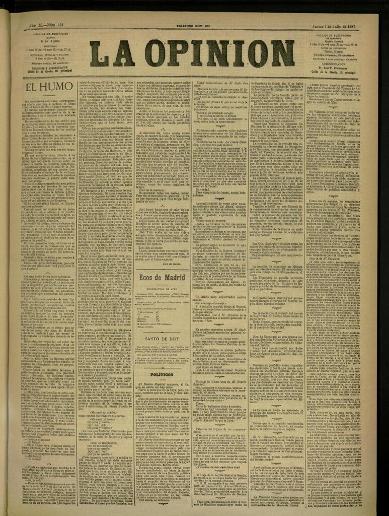 Miniatura de La Opinión del 7 de julio de 1887, nº 421