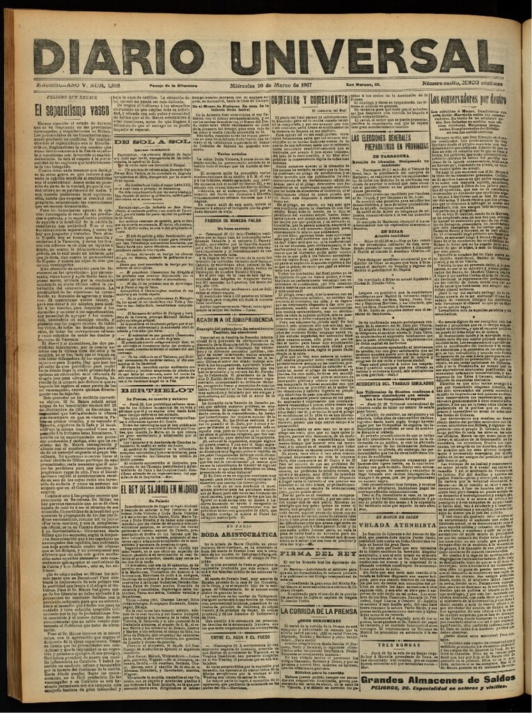 Miniatura de Diario Universal del 20 de marzo de 1907, edición de tarde