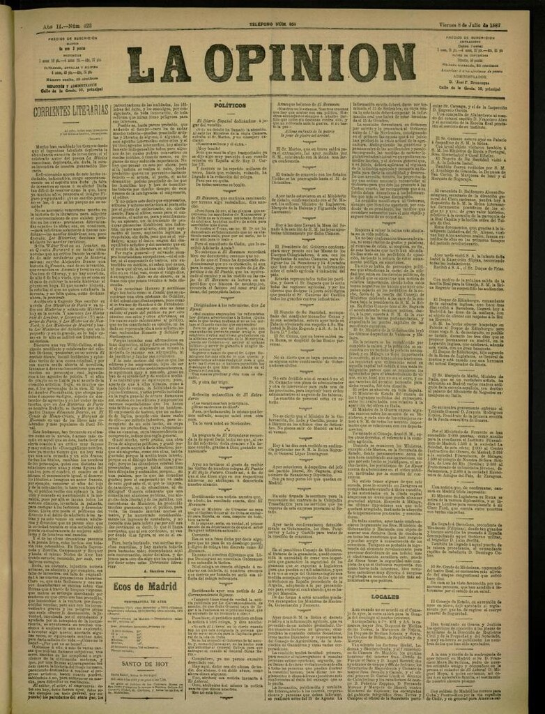 Miniatura de La Opinión del 8 de julio de 1887, nº 422