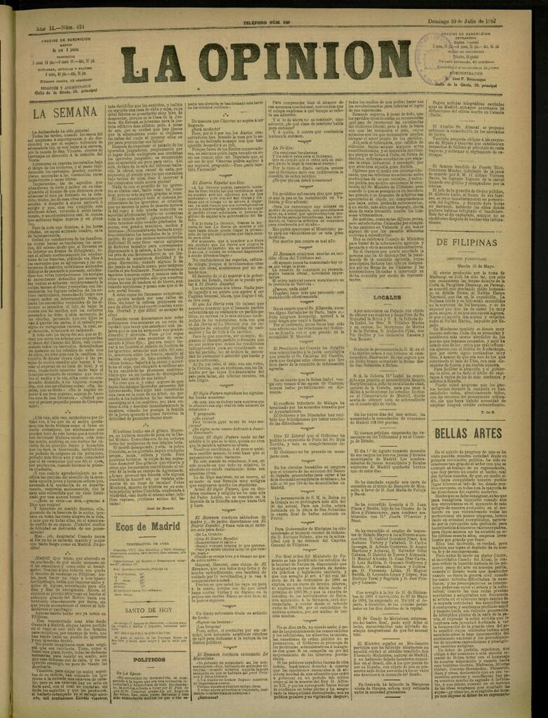 Miniatura de La Opinión del 10 de julio de 1887, nº 424