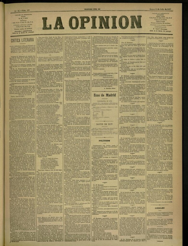 Miniatura de La Opinión del 11 de julio de 1887, nº 425