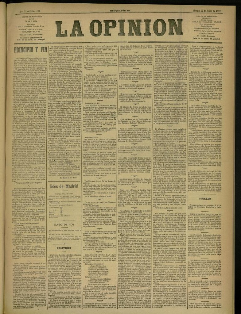 Miniatura de La Opinión del 12 de julio de 1887, nº 426