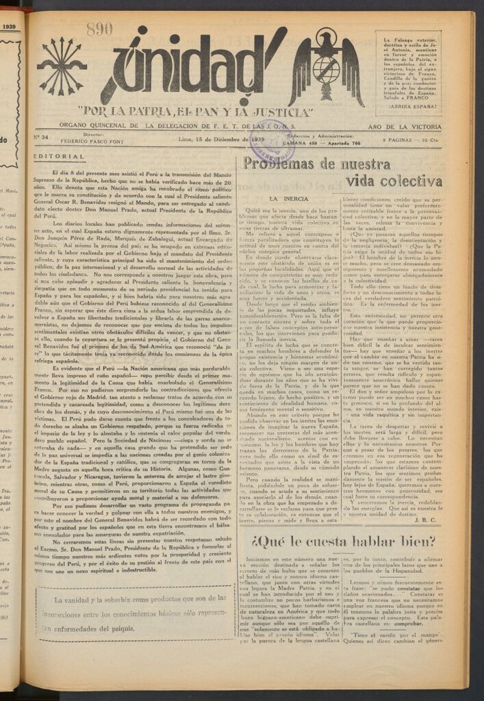 Miniatura de ¡Unidad! : órgano quincenal de la delegación de F.E.T. de las J.O.N.S. del 15 de diciembre de 1939