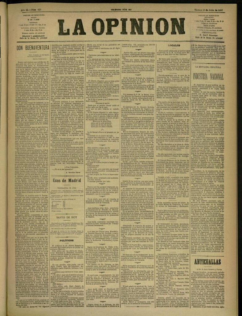Miniatura de La Opinión del 15 de julio de 1887, nº 428