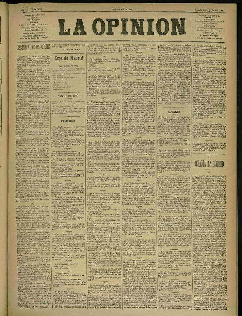 Miniatura de La Opinión del 16 de julio de 1887, nº 429