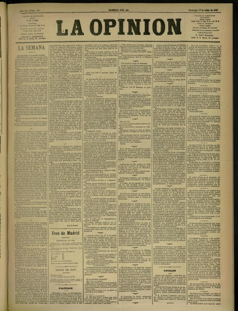 Miniatura de La Opinión del 17 de julio de 1887, nº 430