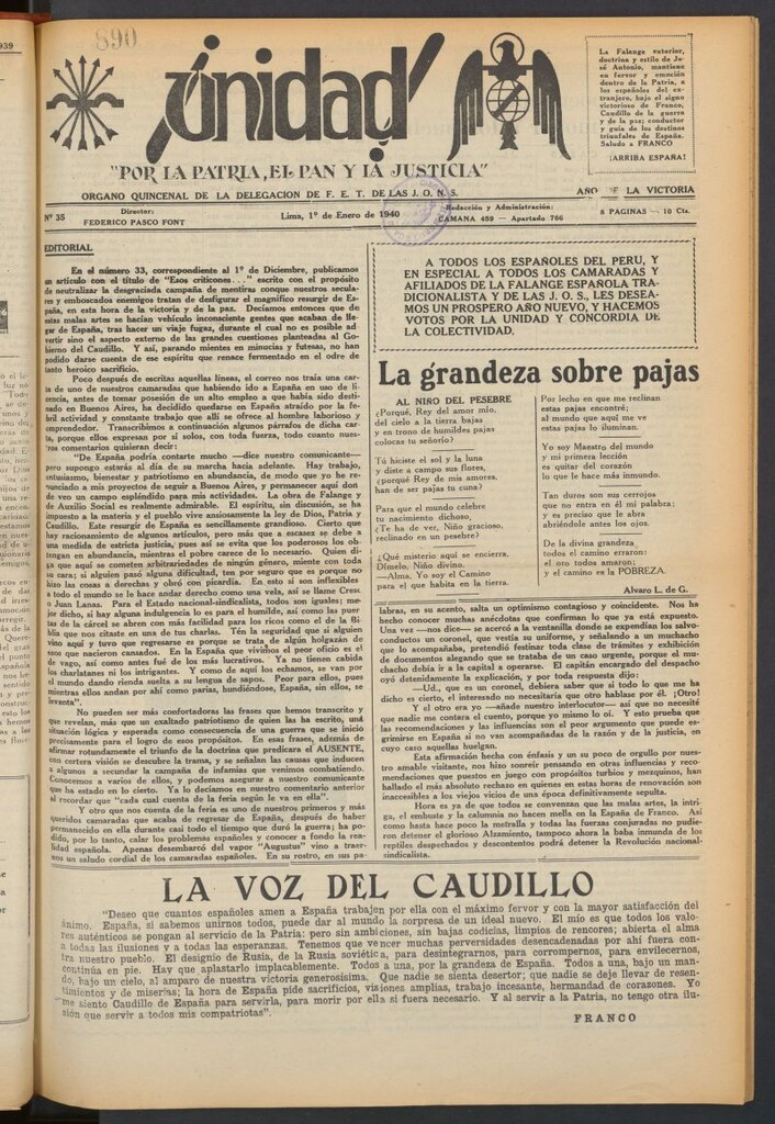 Miniatura de ¡Unidad! : órgano quincenal de la delegación de F.E.T. de las J.O.N.S. del 1 de enero de 1940