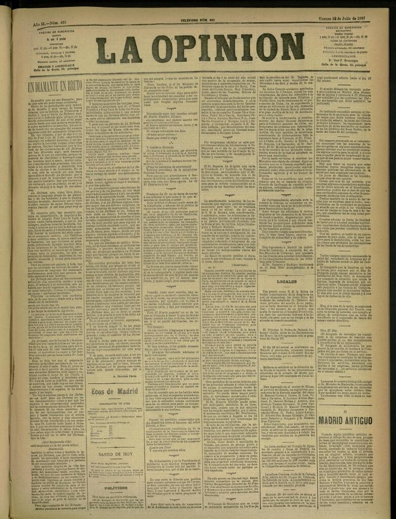 Miniatura de La Opinión del 22 de julio de 1887, nº 435