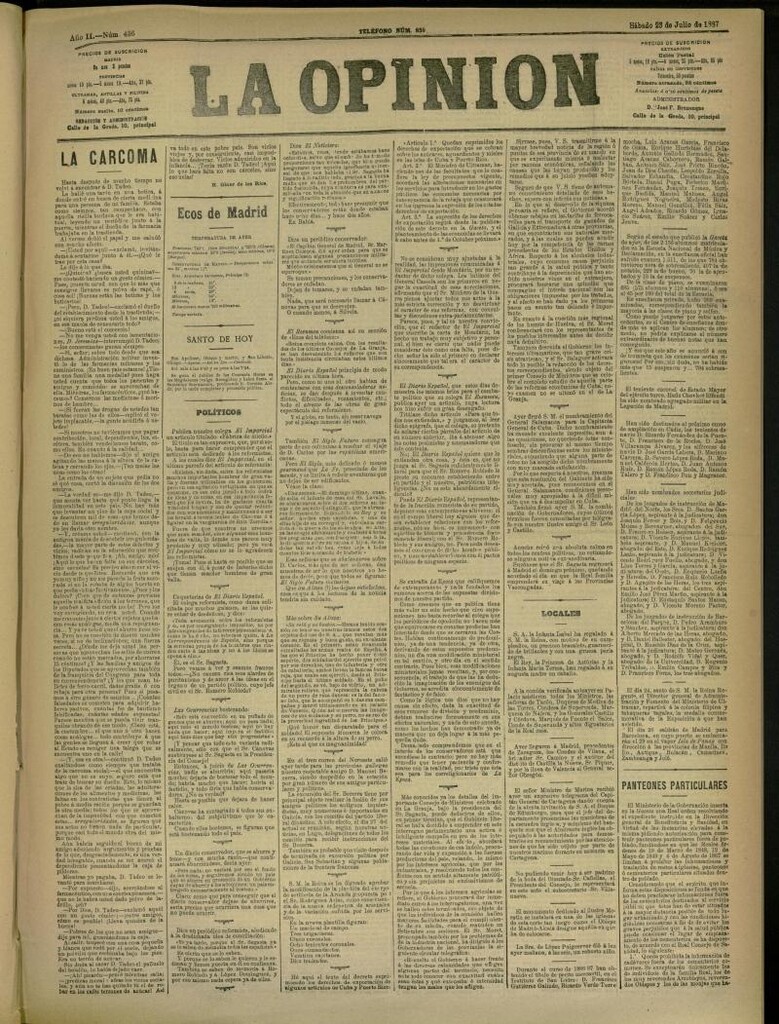 Miniatura de La Opinión del 23 de julio de 1887, nº 436