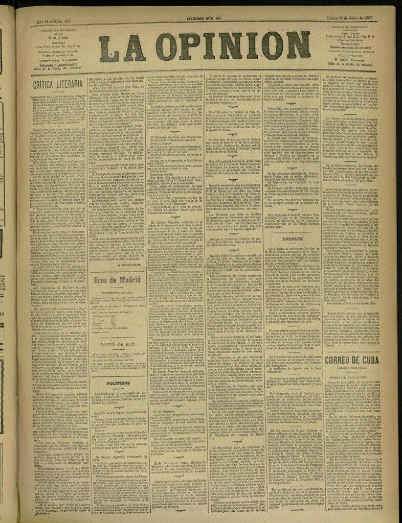 Miniatura de La Opinión del 25 de julio de 1887, nº 438