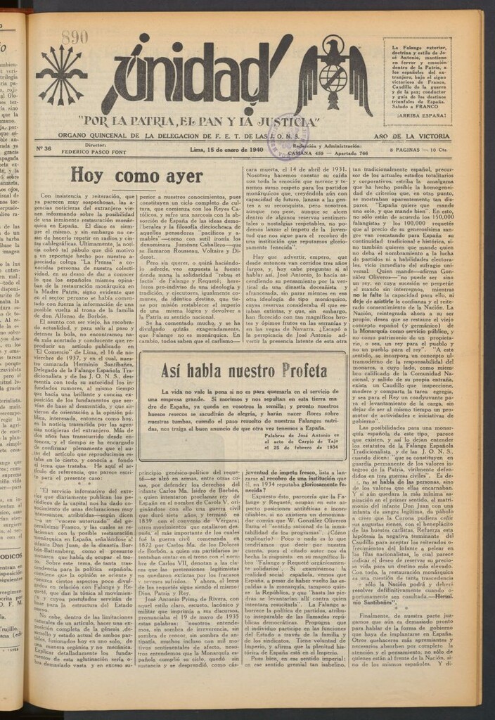 Miniatura de ¡Unidad! : órgano quincenal de la delegación de F.E.T. de las J.O.N.S. del 15 de enero de 1940
