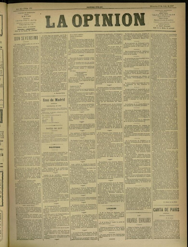 Miniatura de La Opinión del 27 de julio de 1887, nº 439
