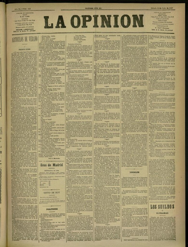 Miniatura de La Opinión del 30 de julio de 1887, nº 442