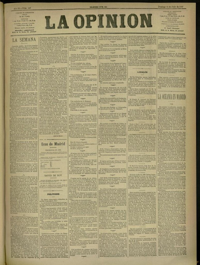 Miniatura de La Opinión del 31 de julio de 1887, nº 443