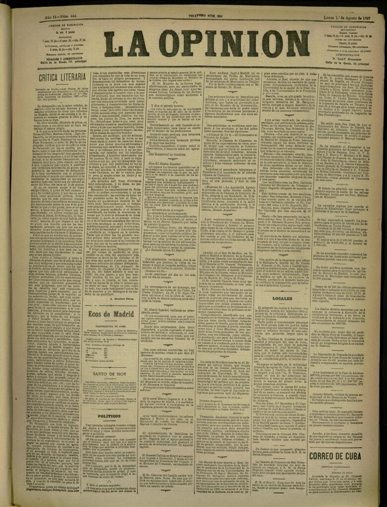 Miniatura de La Opinión del 1 de agosto de 1887, nº 444