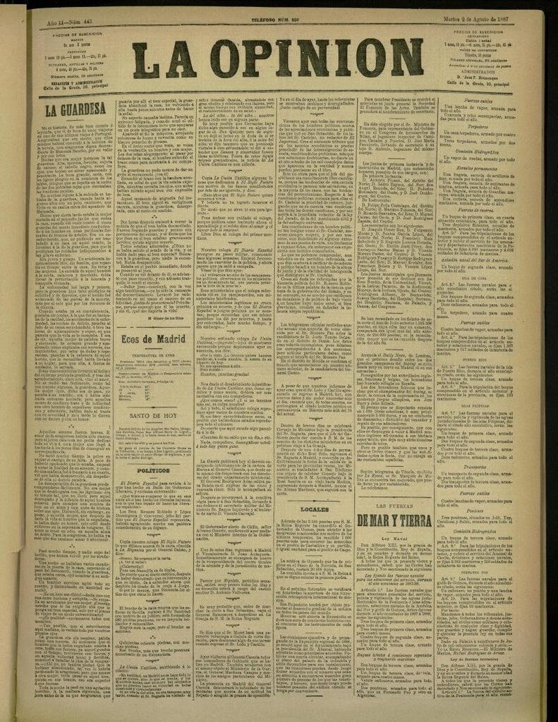 Miniatura de La Opinión del 2 de agosto de 1887, nº 445