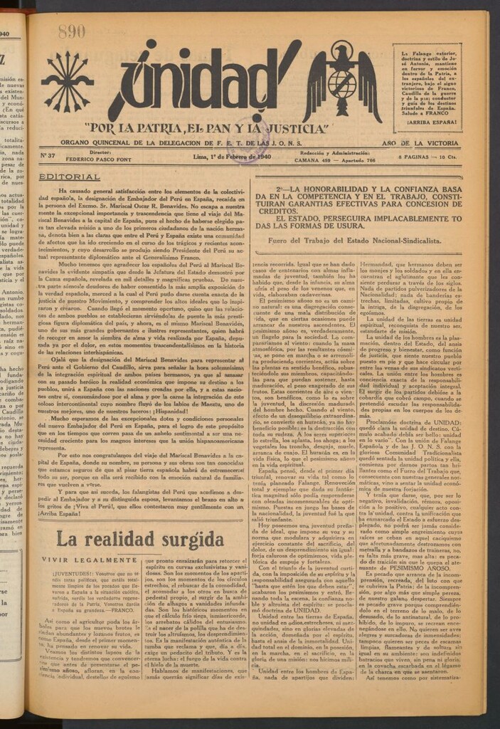 Miniatura de ¡Unidad! : órgano quincenal de la delegación de F.E.T. de las J.O.N.S. del 1 de febrero de 1940