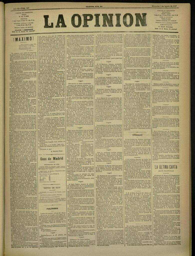 Miniatura de La Opinión del 3 de agosto de 1887, nº 446