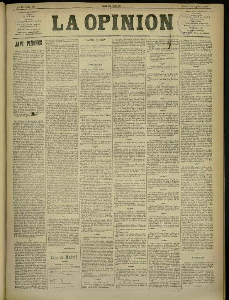 Miniatura de La Opinión del 4 de agosto de 1887, nº 447
