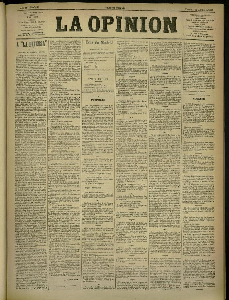 Miniatura de La Opinión del 5 de agosto de 1887, nº 448