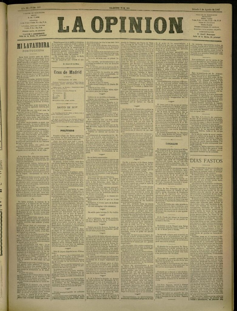 Miniatura de La Opinión del 6 de agosto de 1887, nº 449
