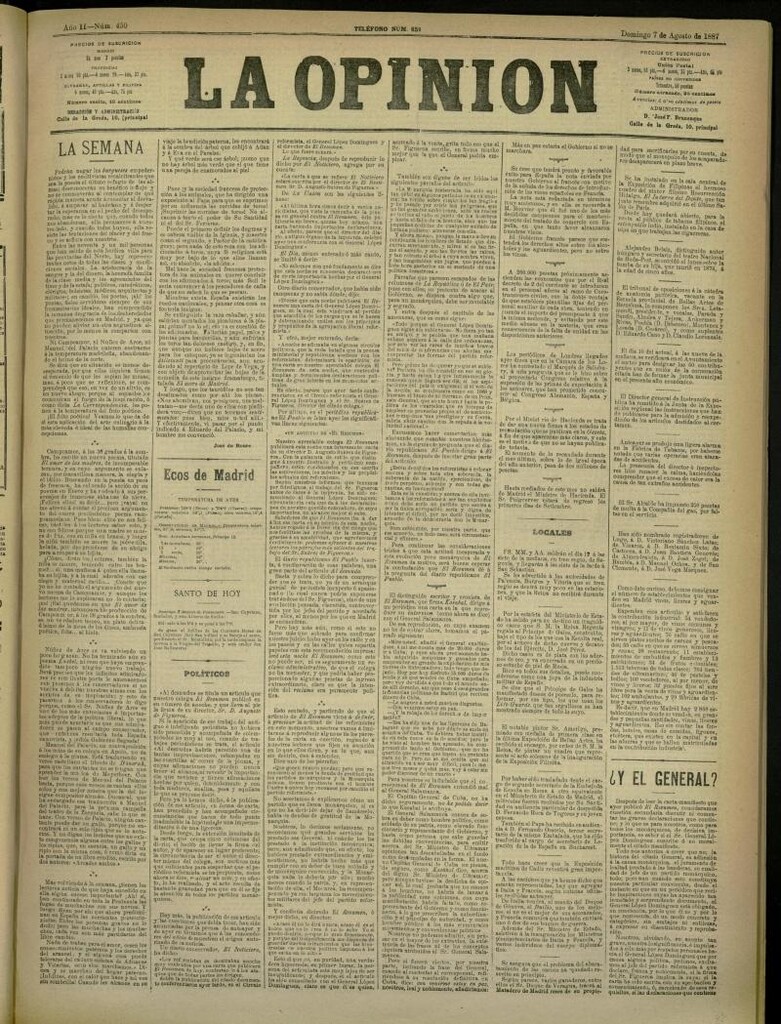 Miniatura de La Opinión del 7 de agosto de 1887, nº 450