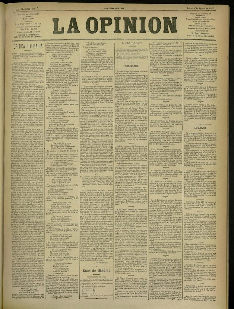 Miniatura de La Opinión del 8 de agosto de 1887, nº 451