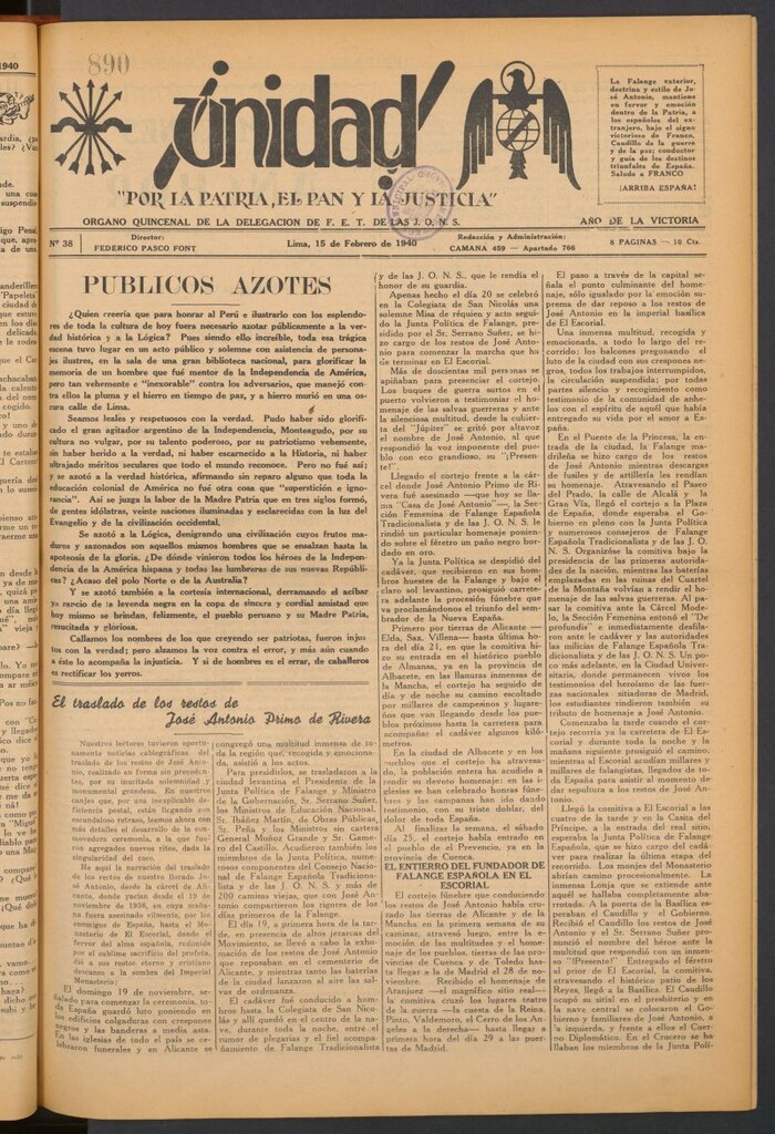 Miniatura de ¡Unidad! : órgano quincenal de la delegación de F.E.T. de las J.O.N.S. del 15 de febrero de 1940