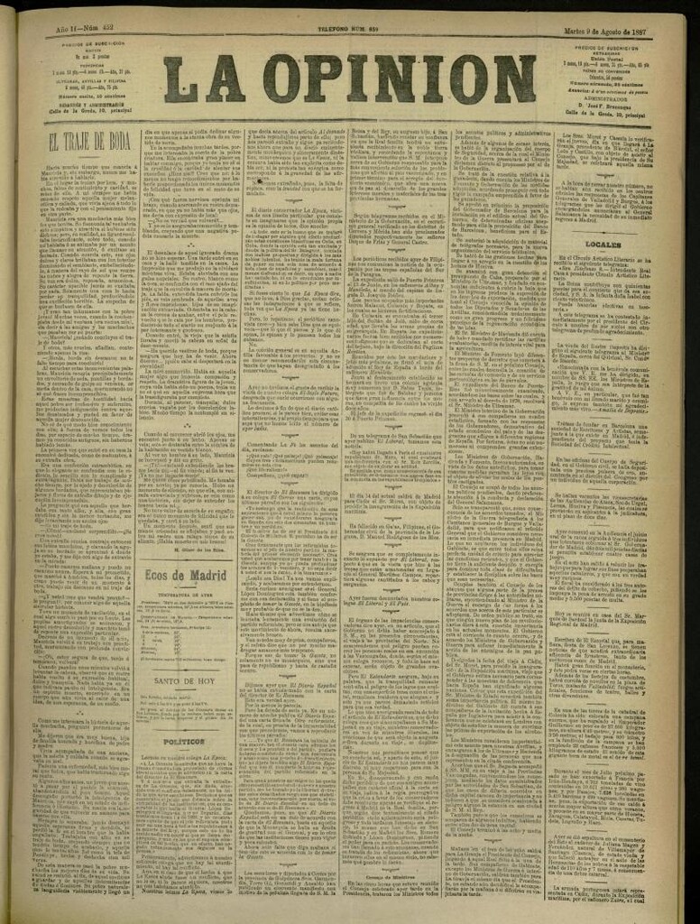 Miniatura de La Opinión del 9 de agosto de 1887, nº 452