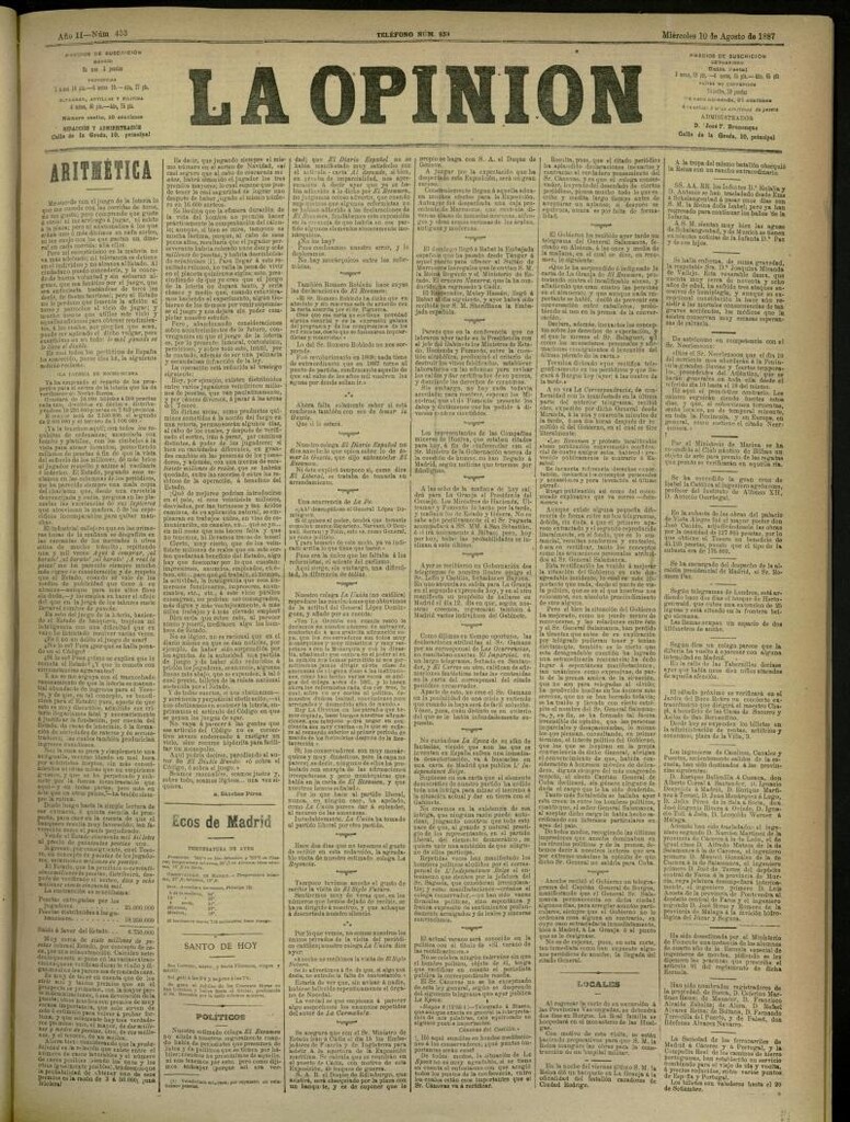 Miniatura de La Opinión del 10 de agosto de 1887, nº 453