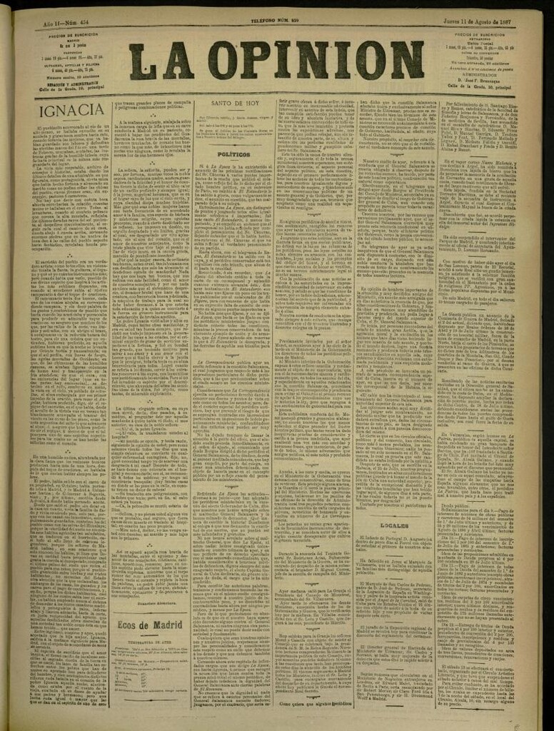 Miniatura de La Opinión del 11 de agosto de 1887, nº 454