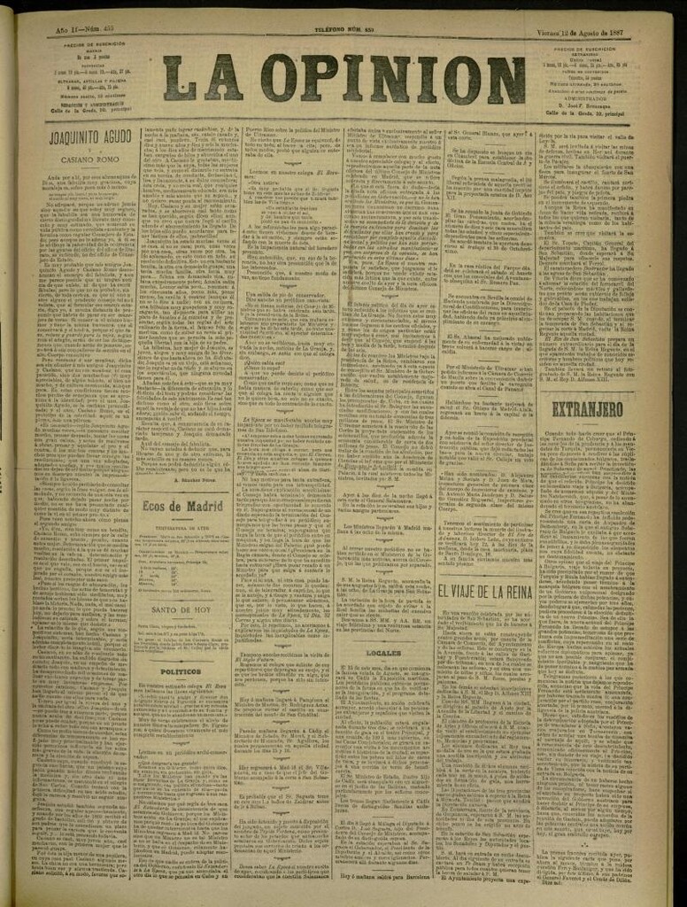Miniatura de La Opinión del 12 de agosto de 1887, nº 455