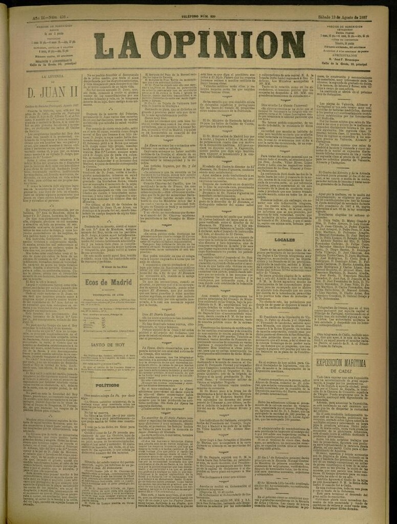 Miniatura de La Opinión del 13 de agosto de 1887, nº 456