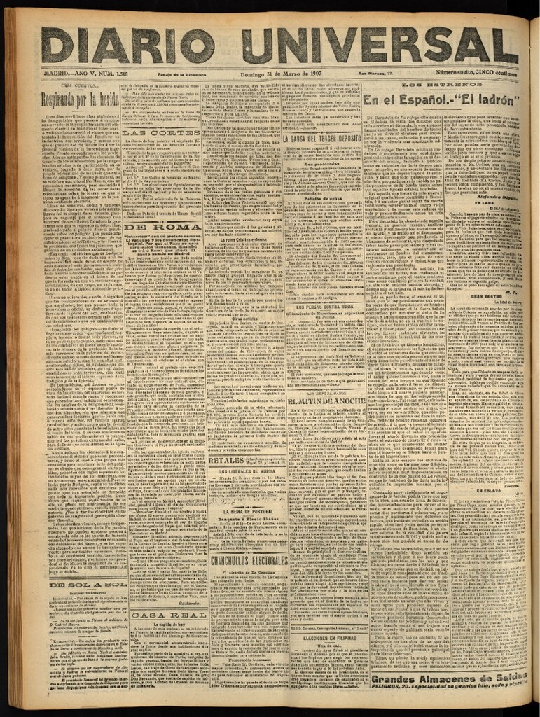 Miniatura de Diario Universal del 31 de marzo de 1907, edición de noche
