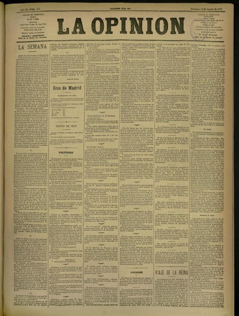 Miniatura de La Opinión del 14 de agosto de 1887, nº 457