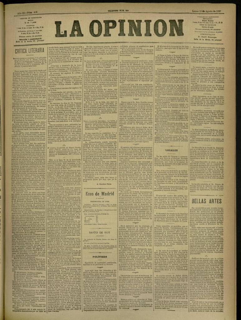 Miniatura de La Opinión del 15 de agosto de 1887, nº 458