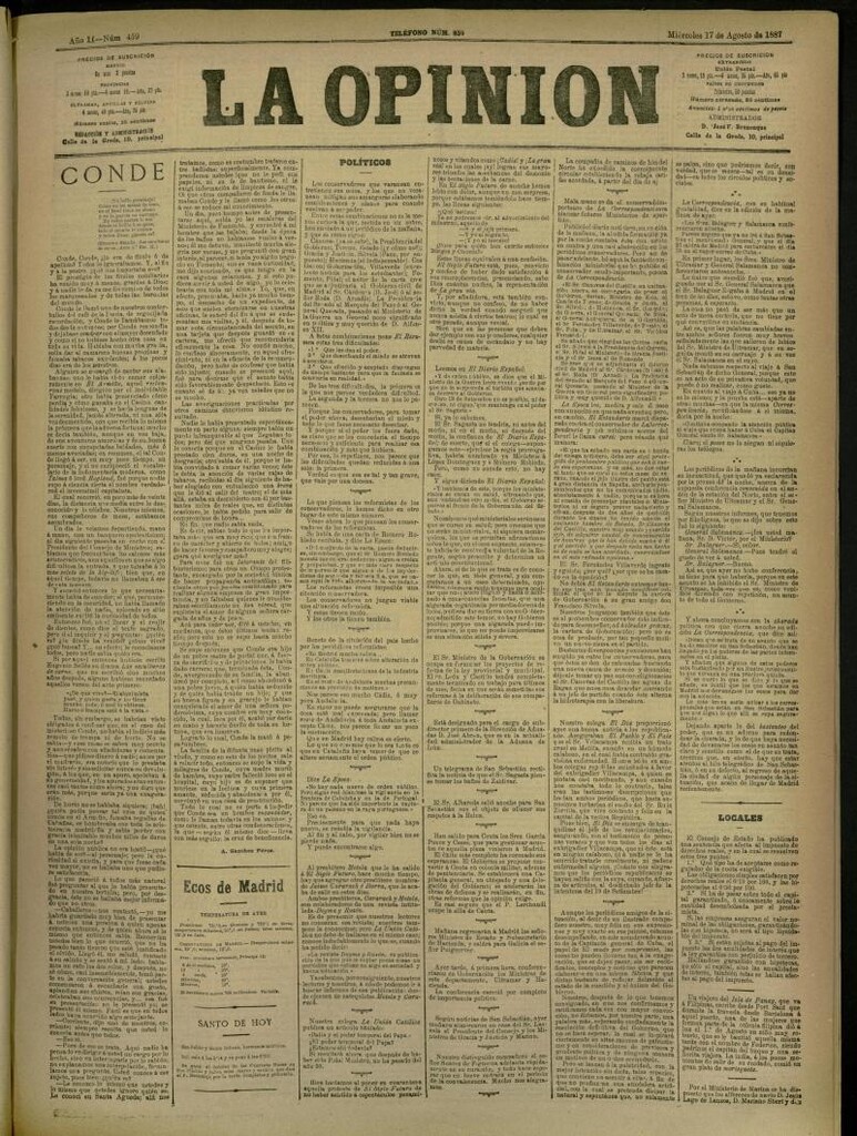 Miniatura de La Opinión del 17 de agosto de 1887, nº 459