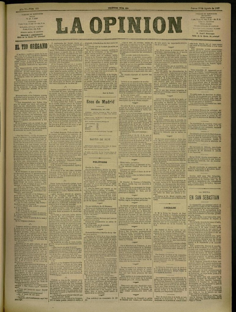 Miniatura de La Opinión del 18 de agosto de 1887, nº 460
