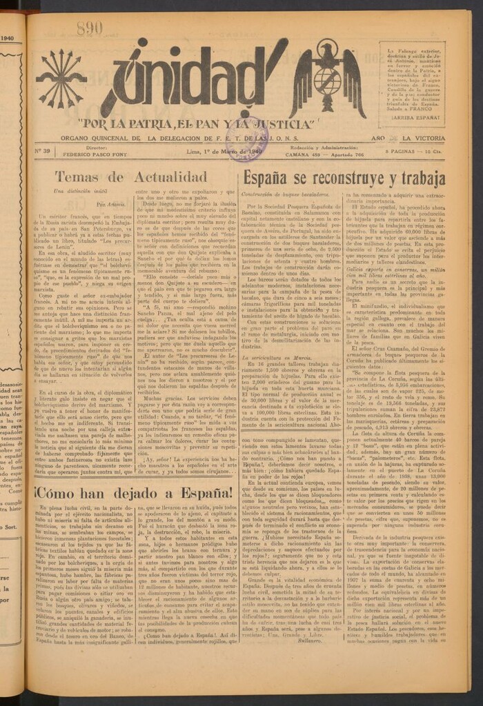 Miniatura de ¡Unidad! : órgano quincenal de la delegación de F.E.T. de las J.O.N.S. del 1 de marzo de 1940