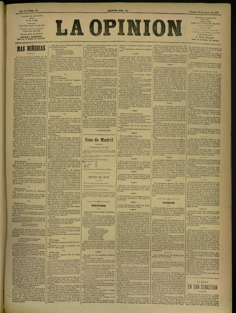 Miniatura de La Opinión del 19 de agosto de 1887, nº 461
