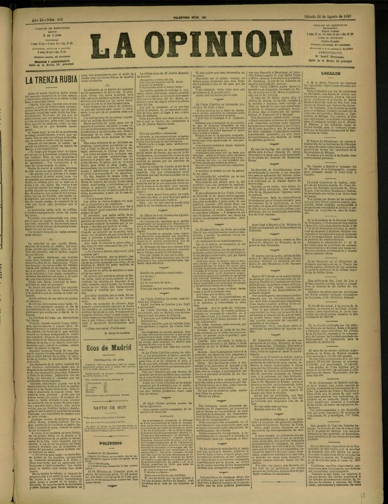 Miniatura de La Opinión del 20 de agosto de 1887, nº 462