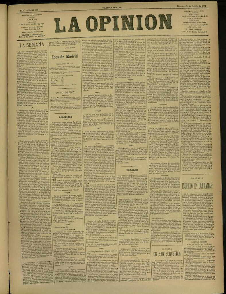Miniatura de La Opinión del 21 de agosto de 1887, nº 463